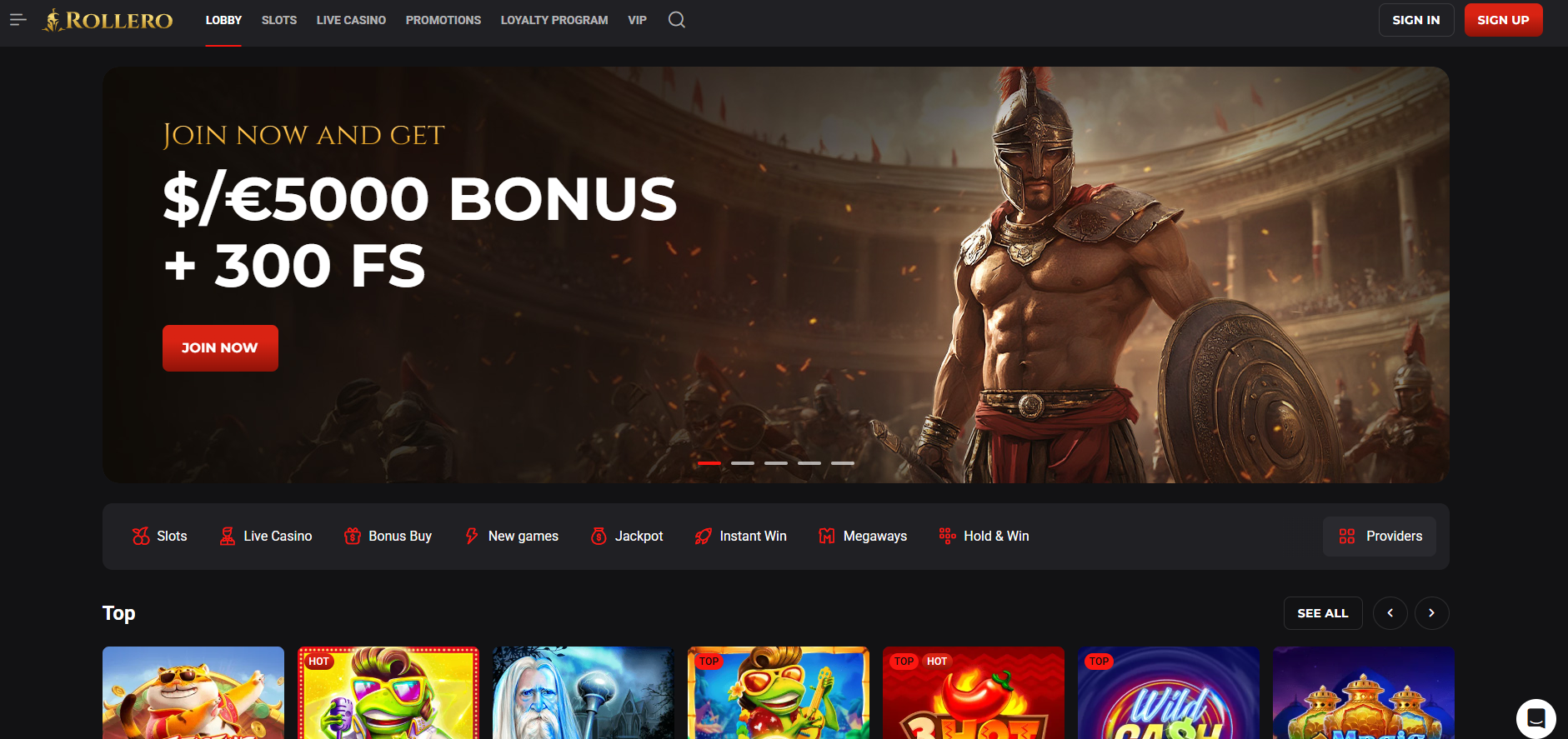 Rollero Casino screenshot: Homepage