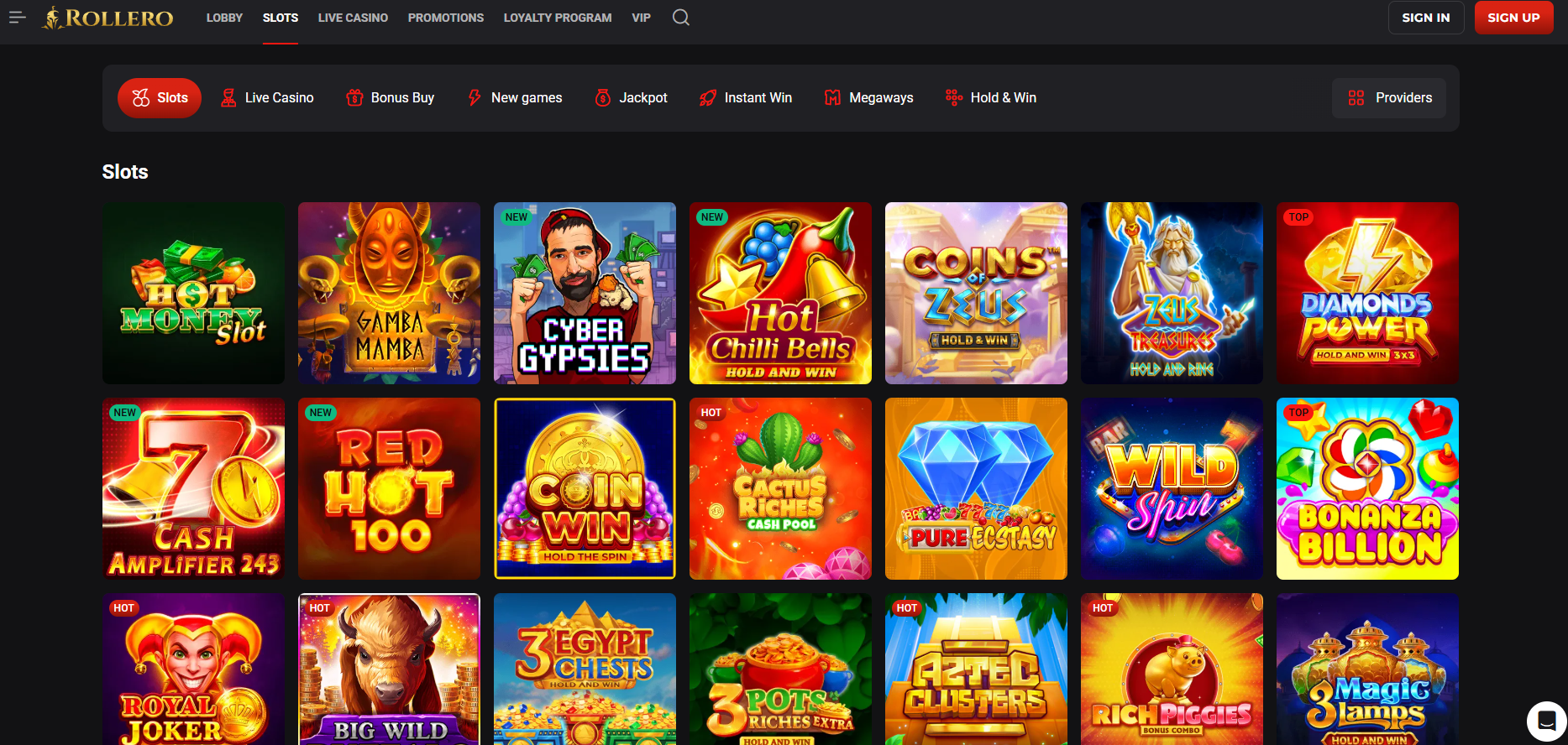 Rollero Casino screenshot: Slots