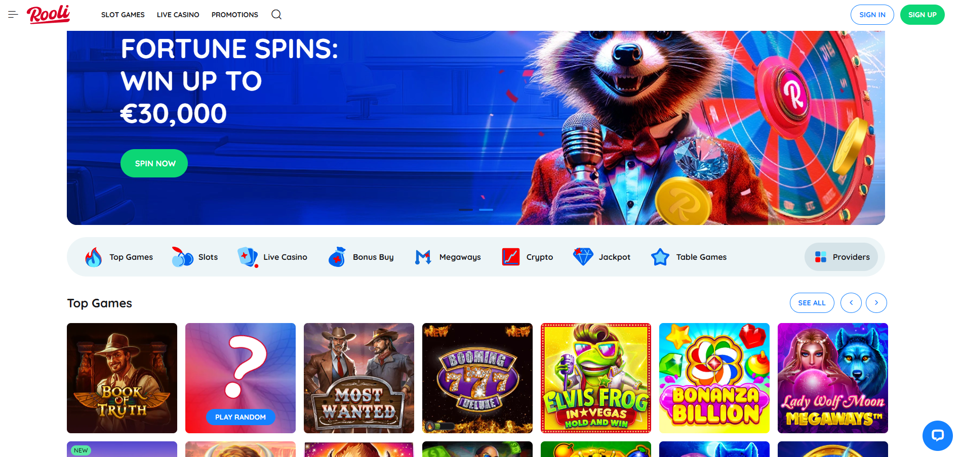 Rooli Casino screenshot: Homepage