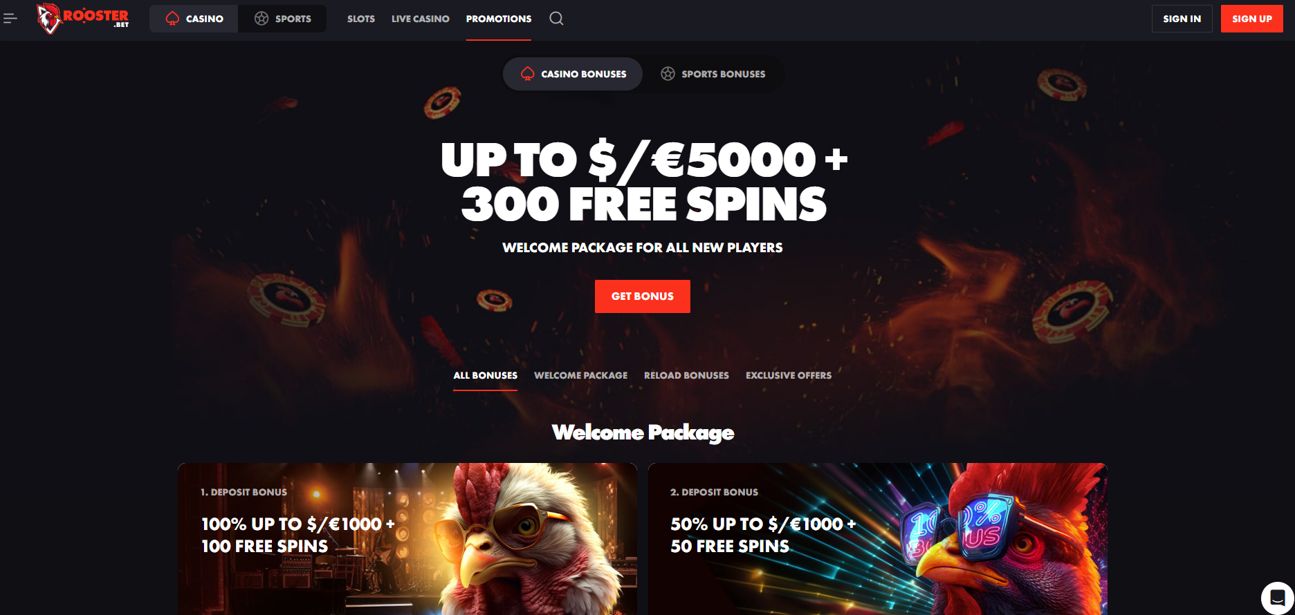 Rooster.bet screenshot: Promotions