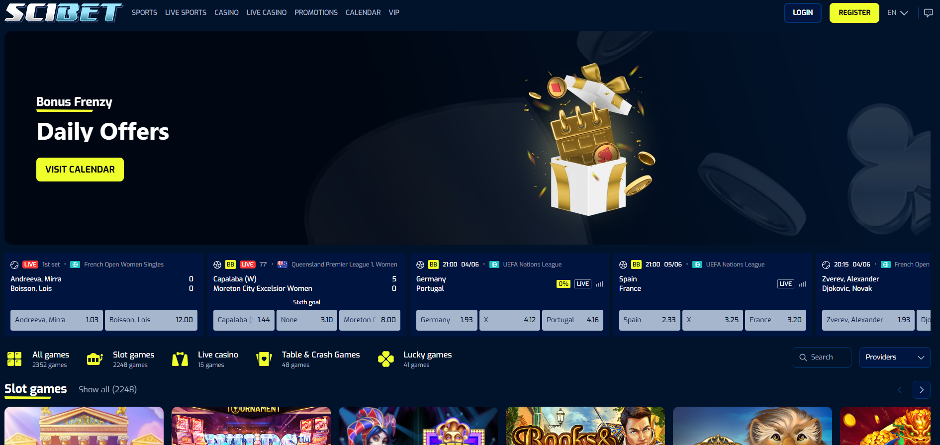 Scibet screenshot: Homepage