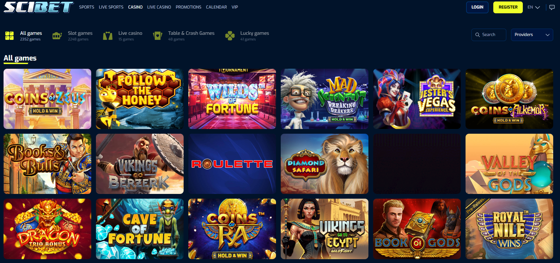 Scibet screenshot: Slots