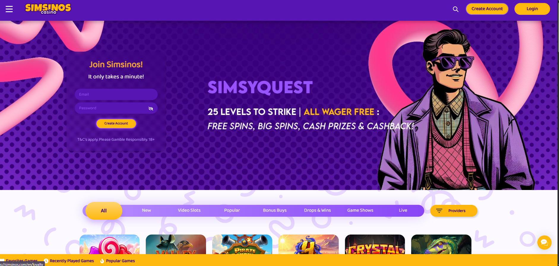 Simsinos screenshot: Homepage