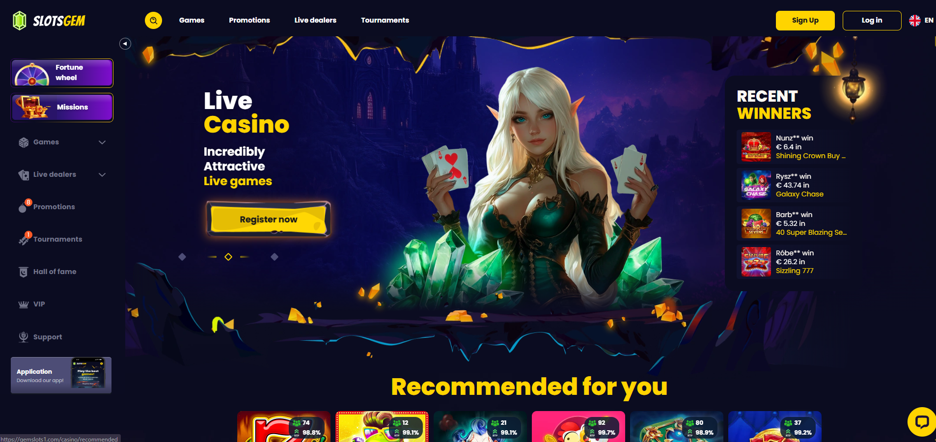 SlotsGem Casino screenshot: Homepage