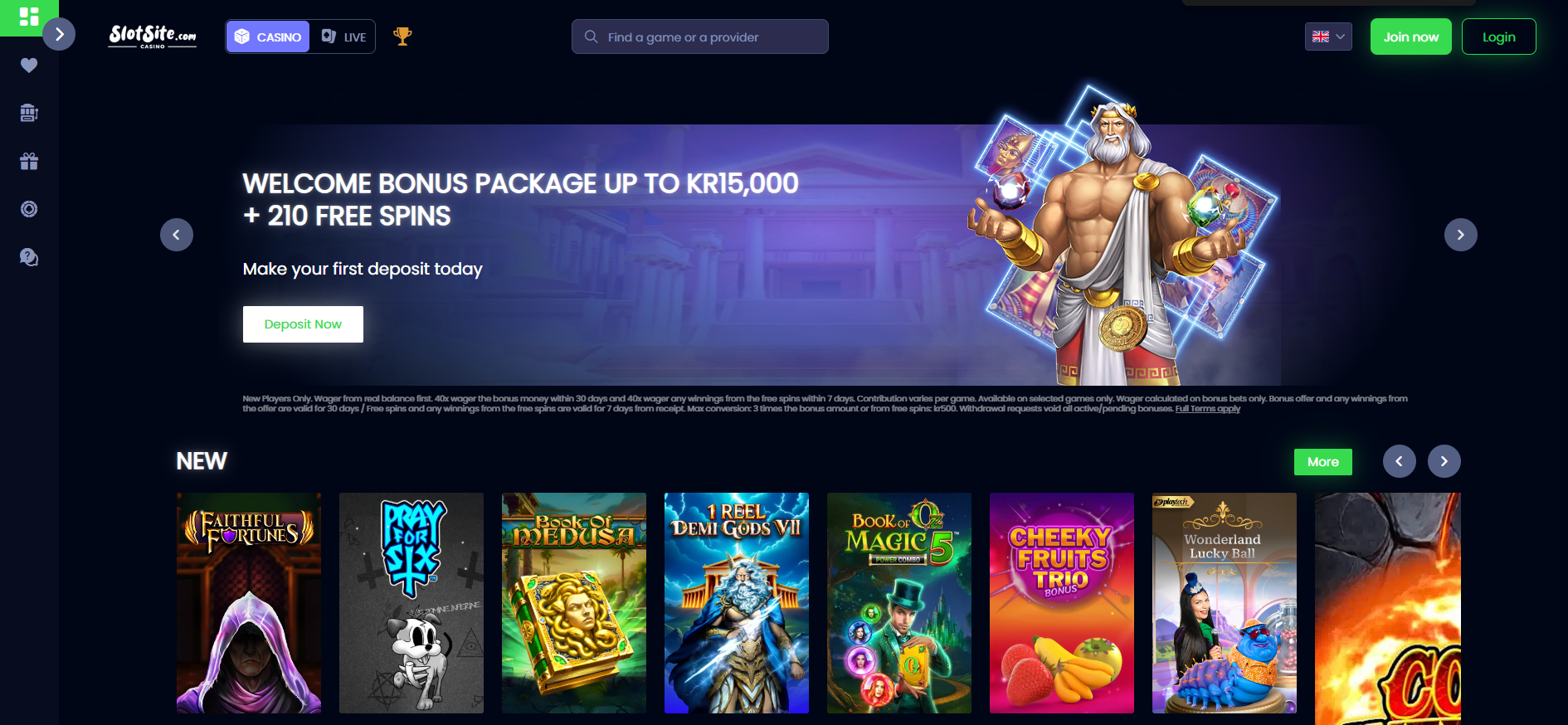 Slotsite Casino screenshot: Homepage