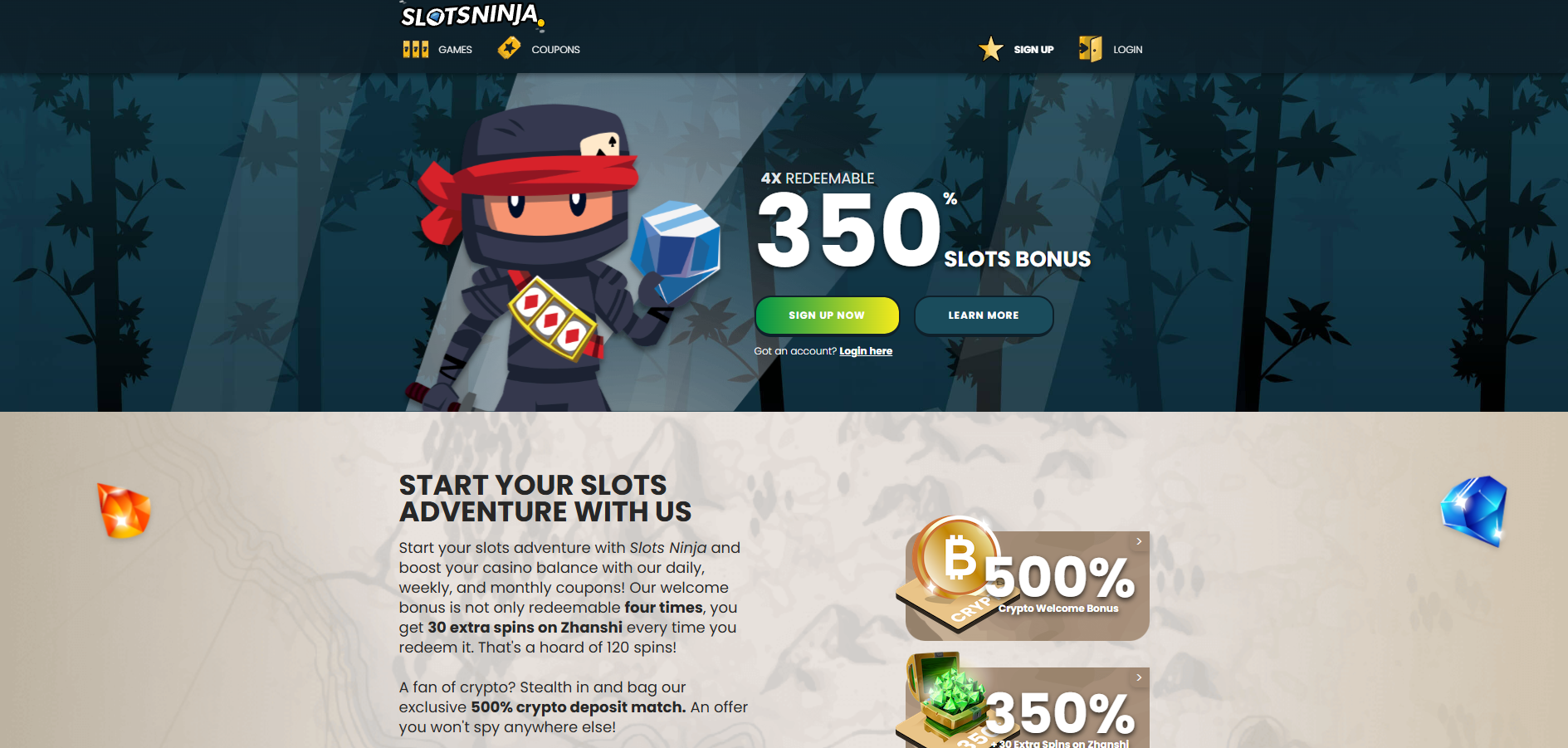 SlotsNinja Casino screenshot: Homepage