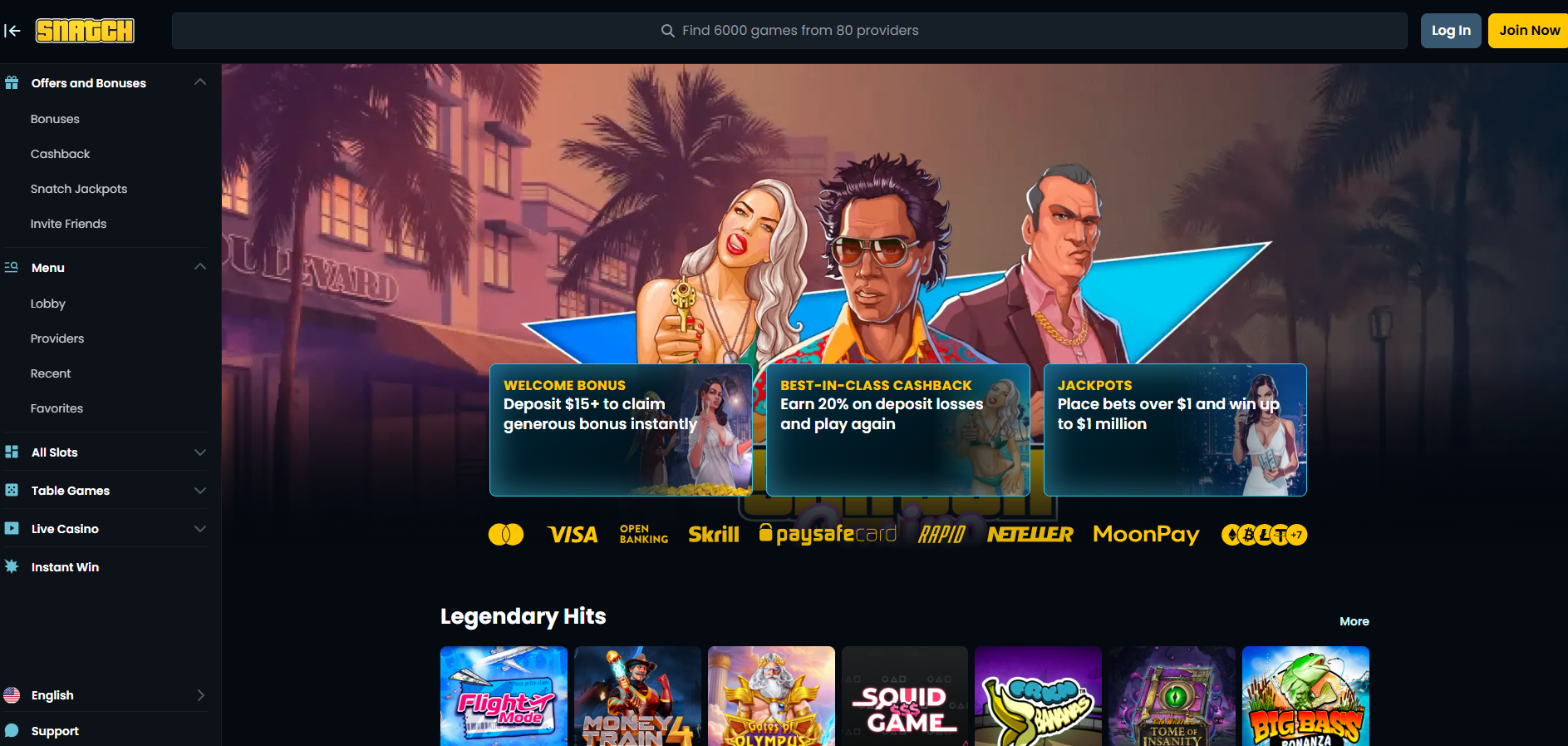 Snatch Casino screenshot: Homepage