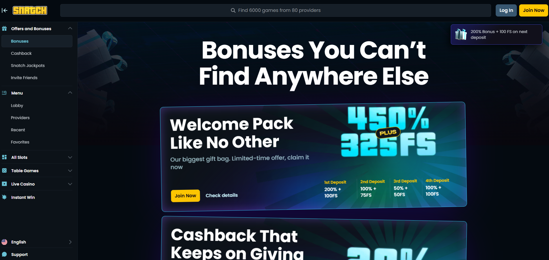 Snatch Casino screenshot: Promotions