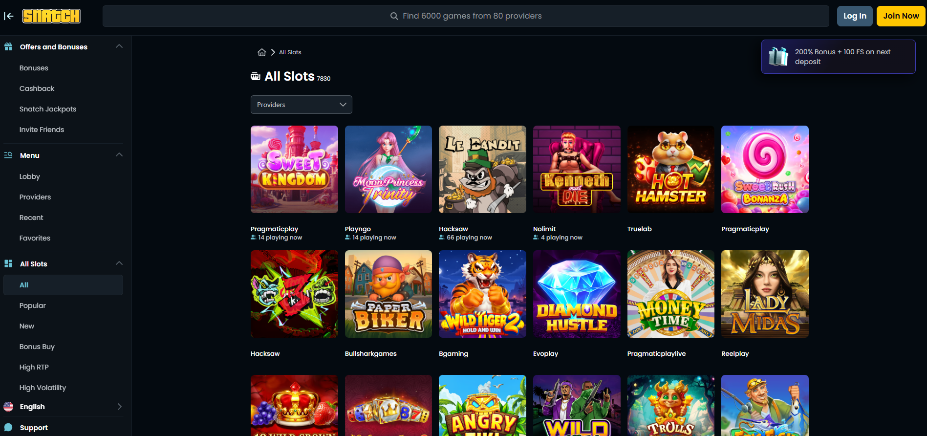 Snatch Casino screenshot: Slots