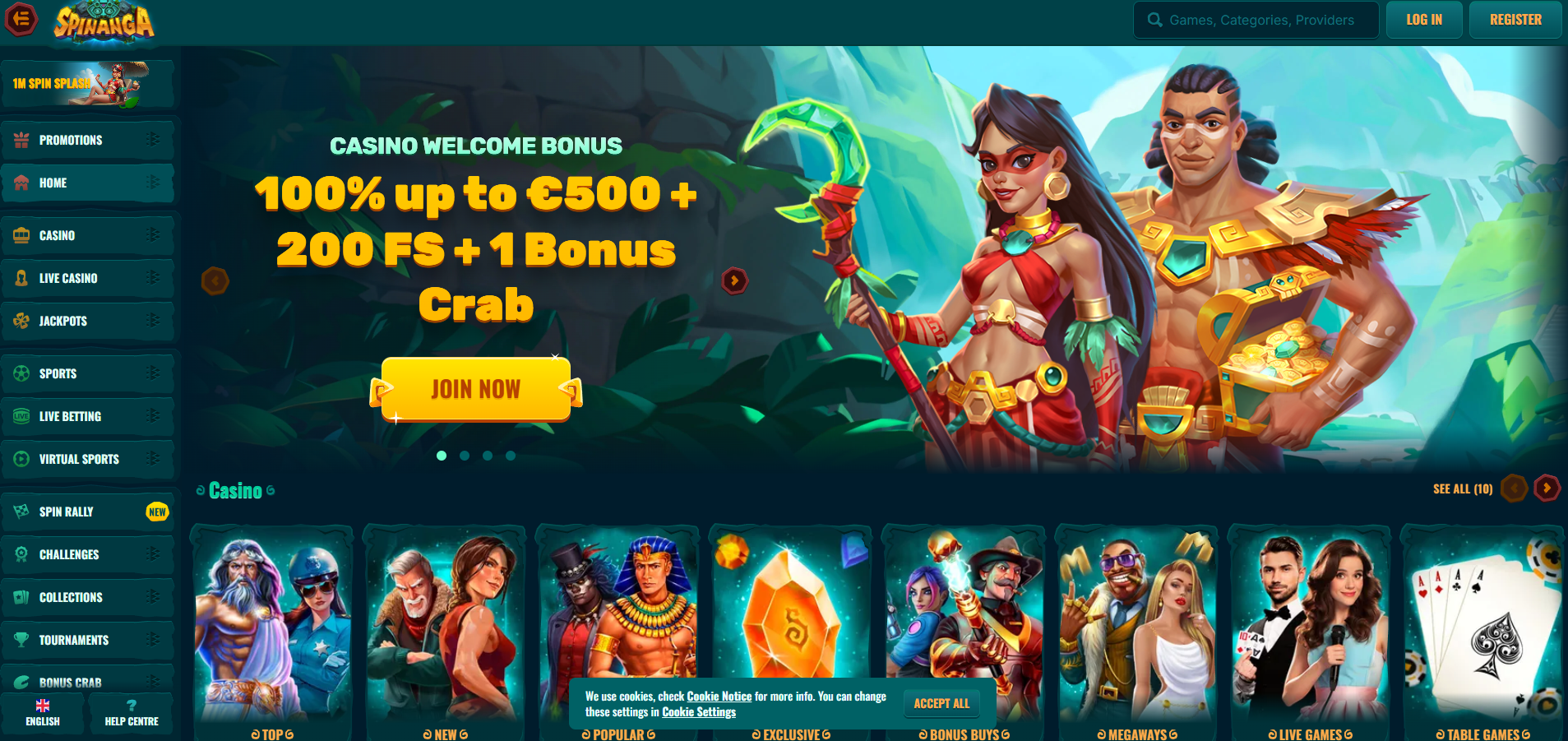 Spinanga Casino screenshot: Homepage