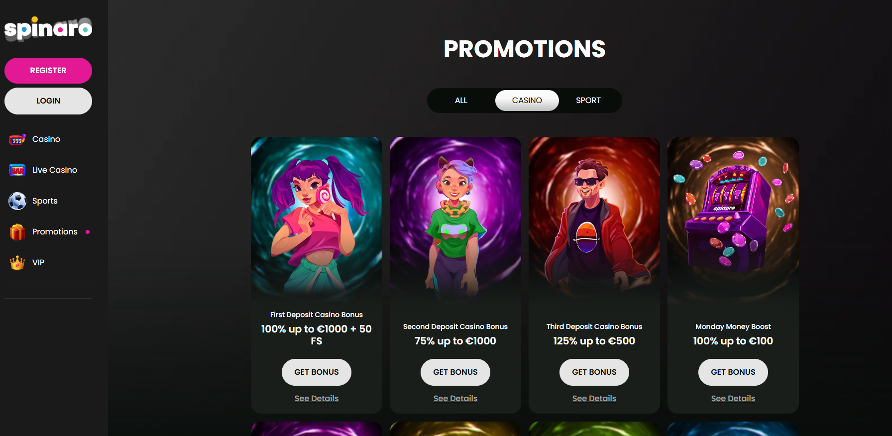 Spinaro screenshot: Promotions