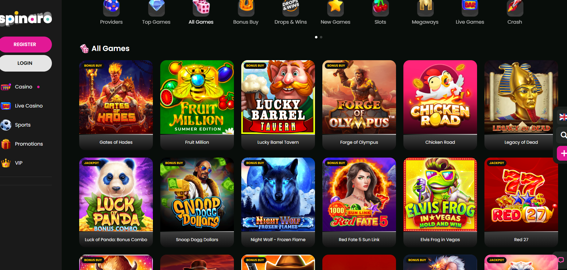 Spinaro screenshot: Slots