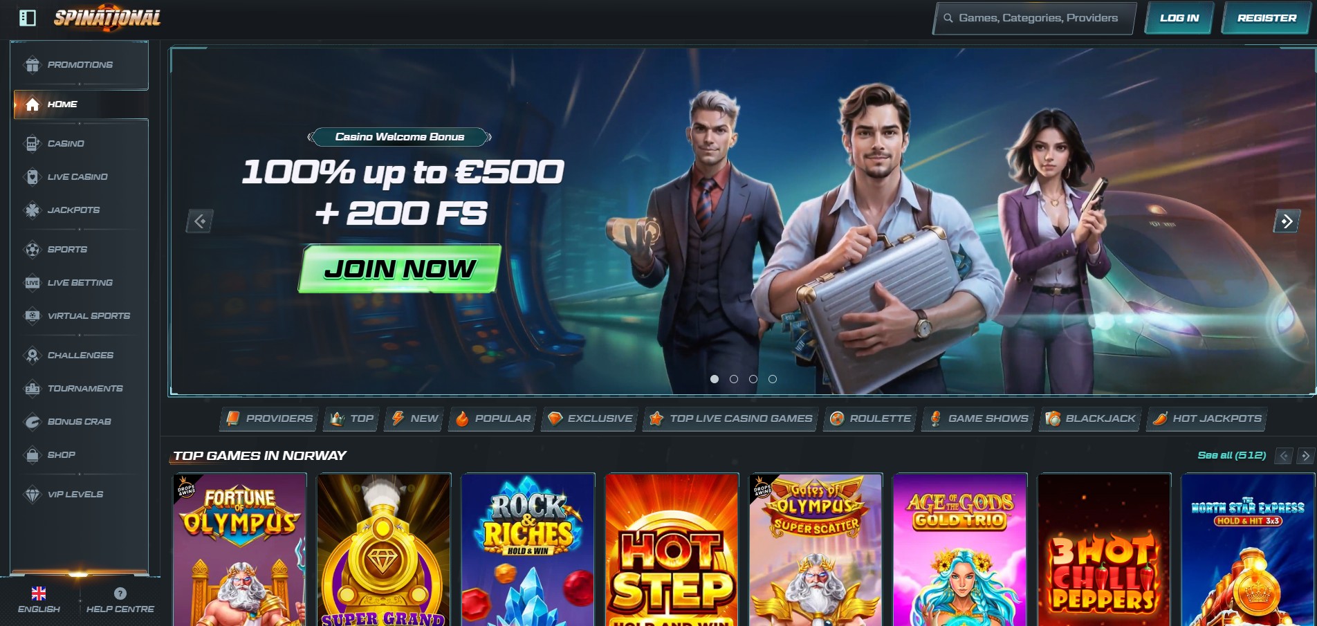 Spinational Casino screenshot: Homepage