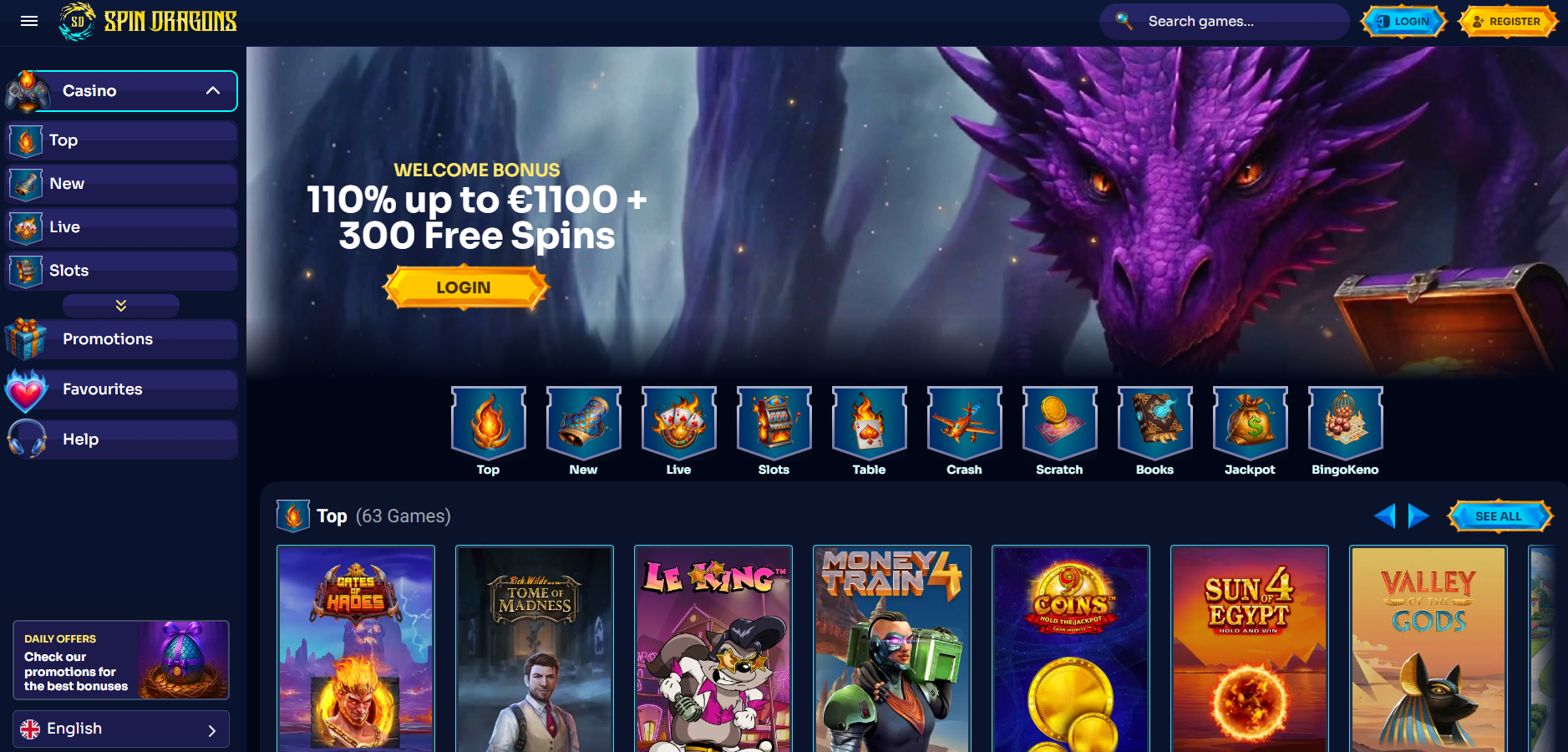 Spin Dragons Casino screenshot: Homepage
