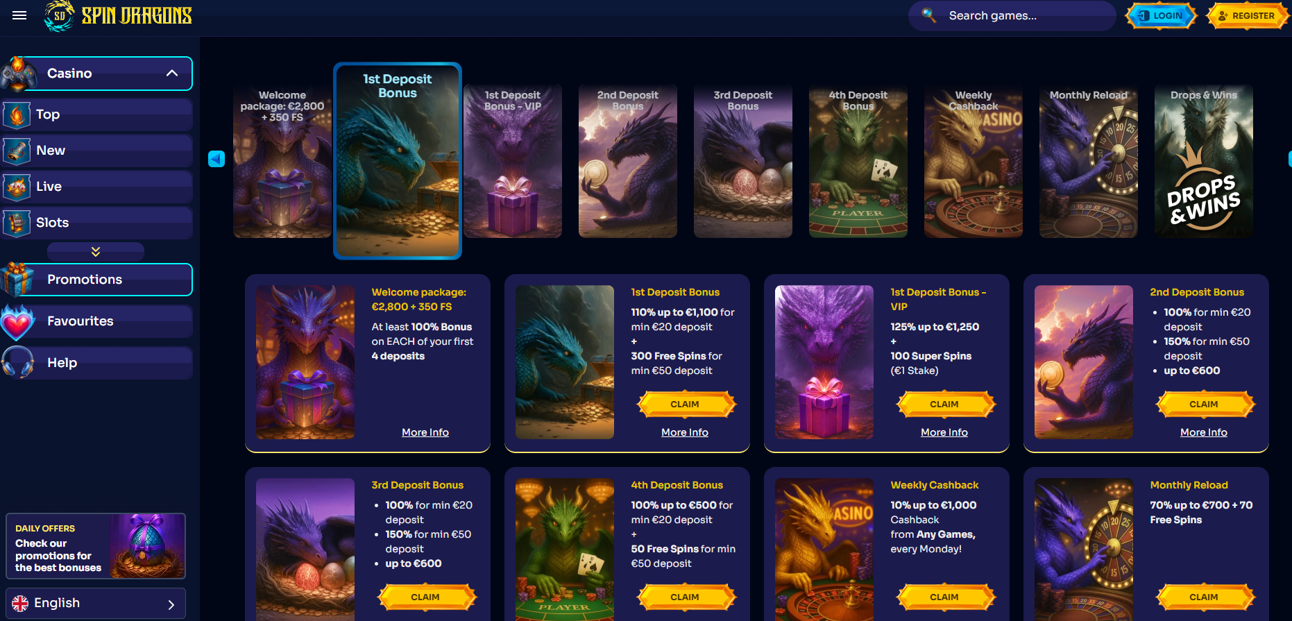 Spin Dragons Casino screenshot: Promotions