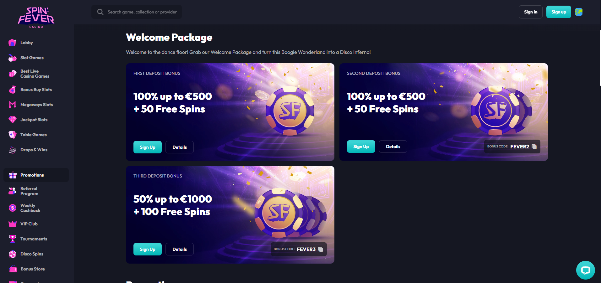SpinFever Casino screenshot: Promotions