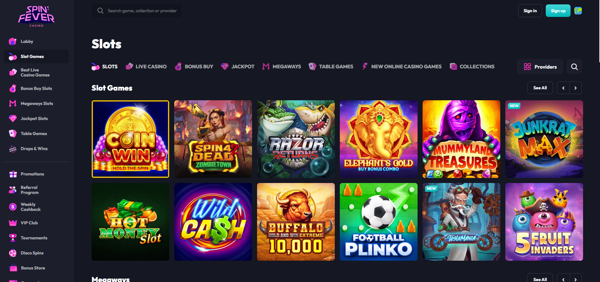 SpinFever Casino screenshot: Slots