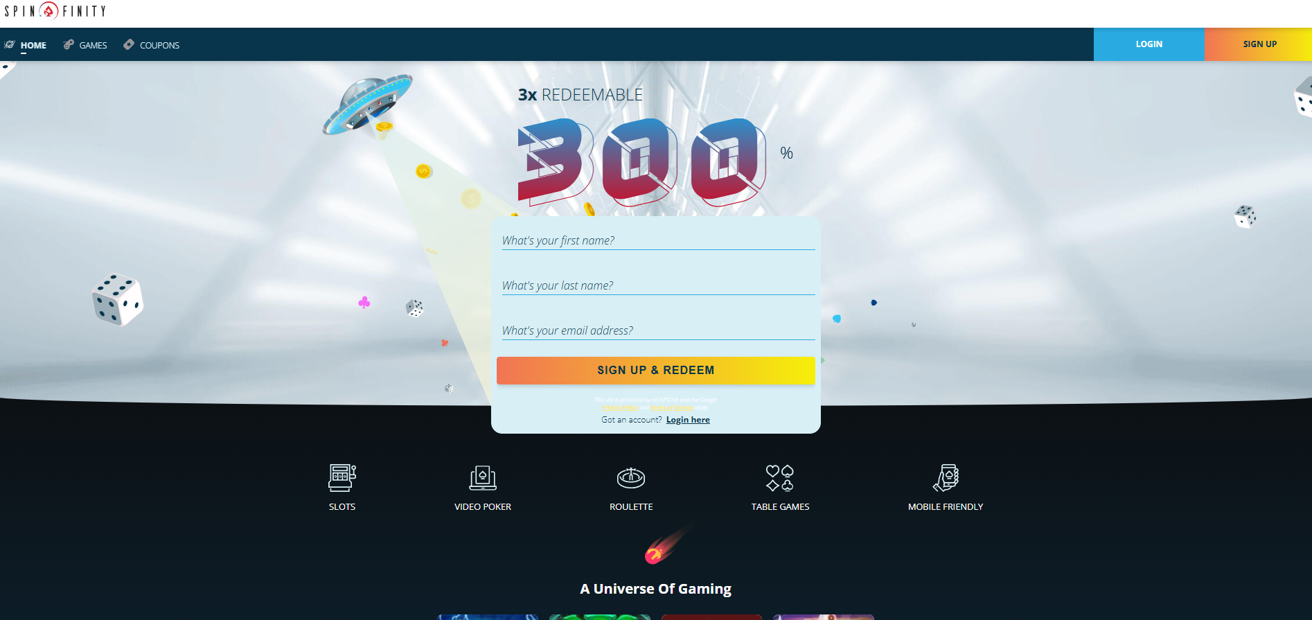 Spinfinity Casino screenshot: Homepage
