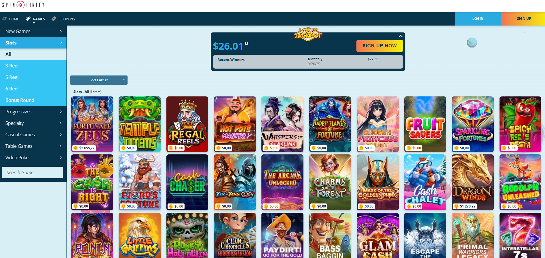 Spinfinity Casino screenshot: Slots
