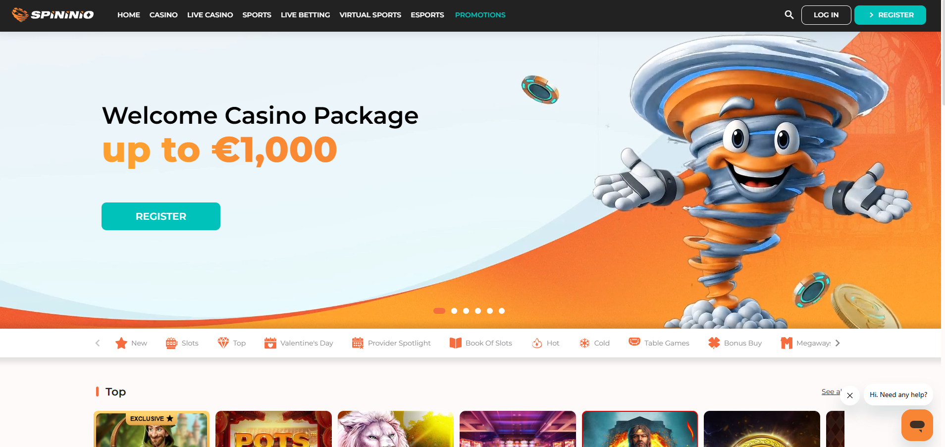 Spininio Casino screenshot: Homepage