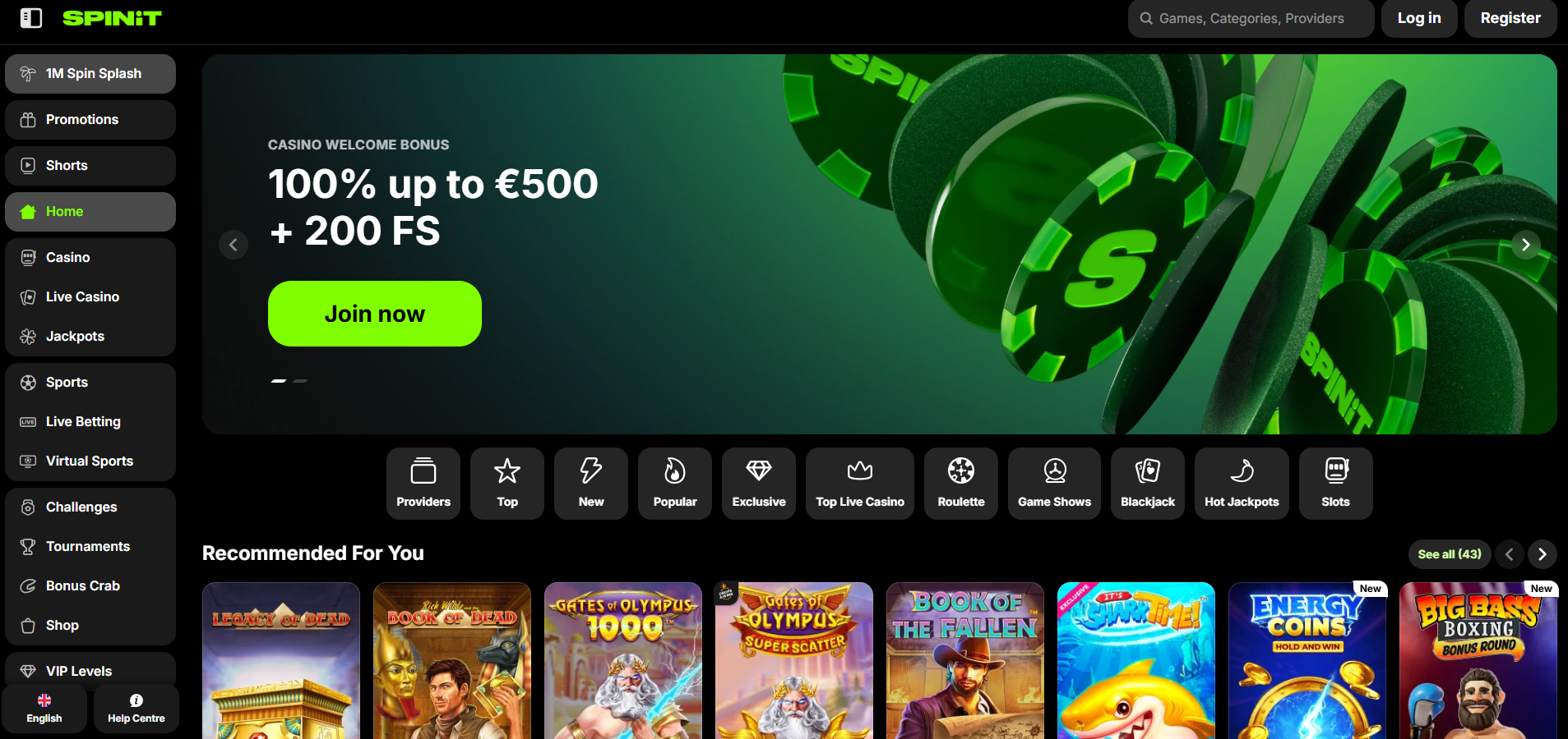 Spinit Casino screenshot: Homepage