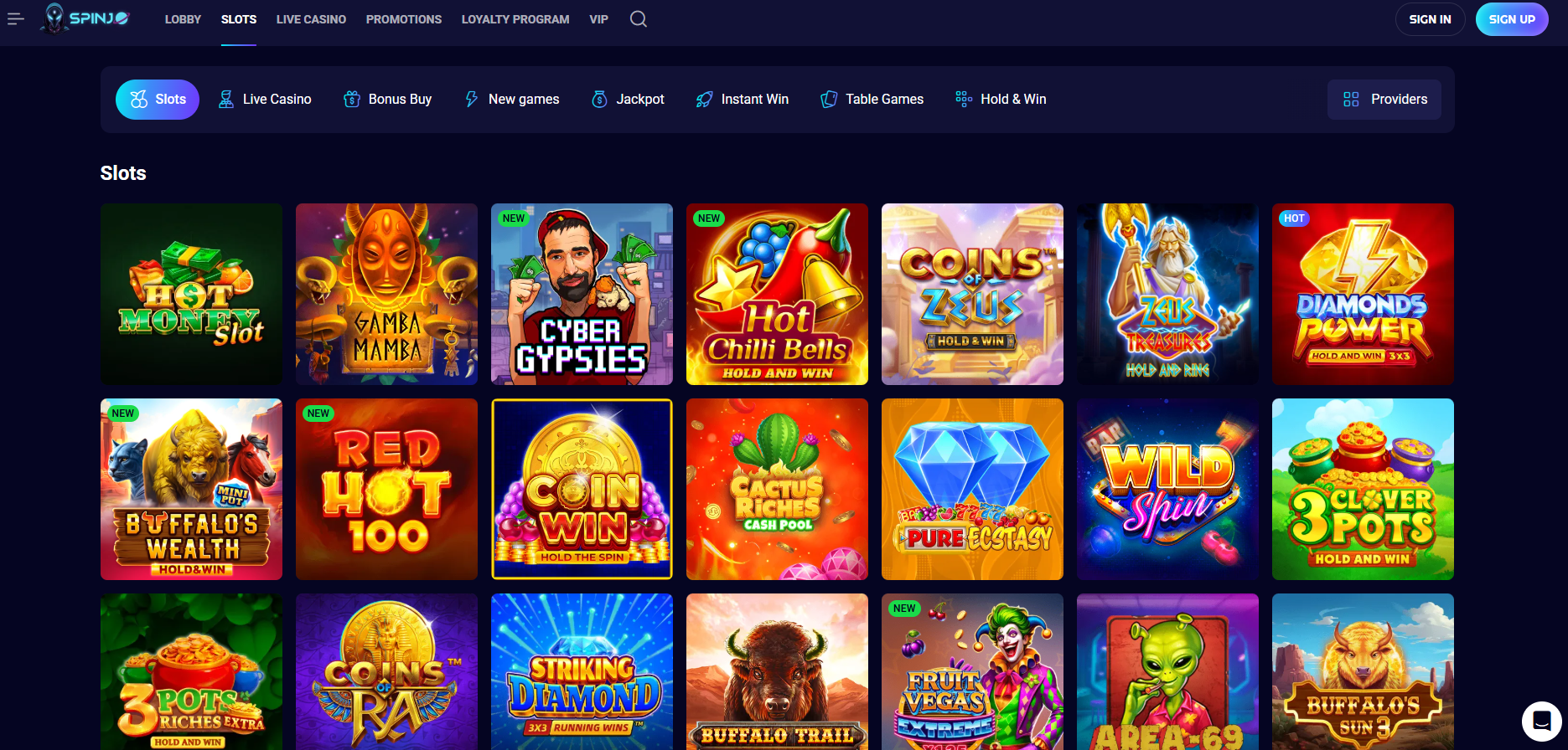 Spinjo Casino screenshot: Slots