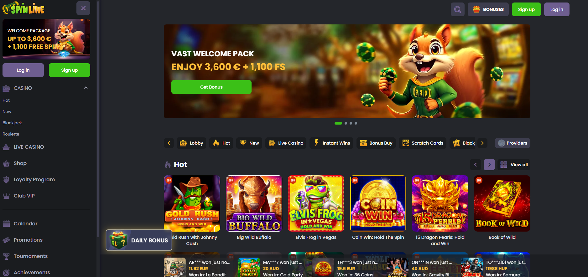 Spinline screenshot: Homepage