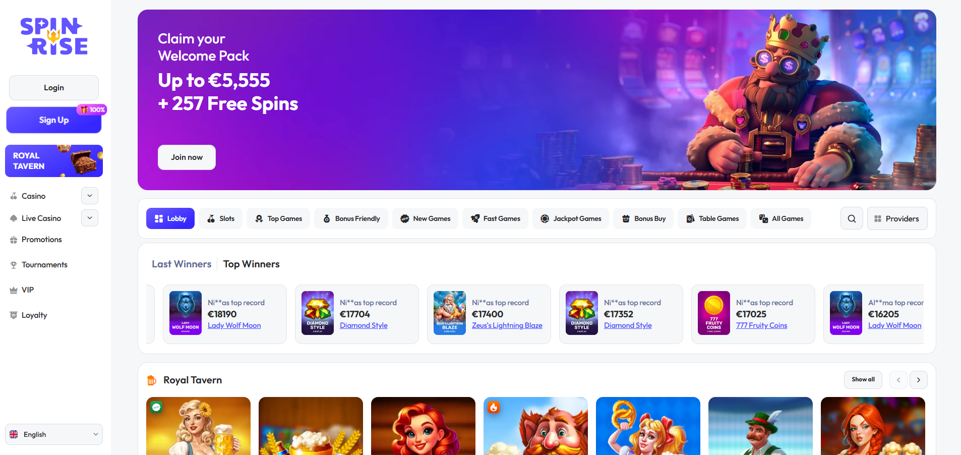 Spinrise Casino screenshot: Homepage