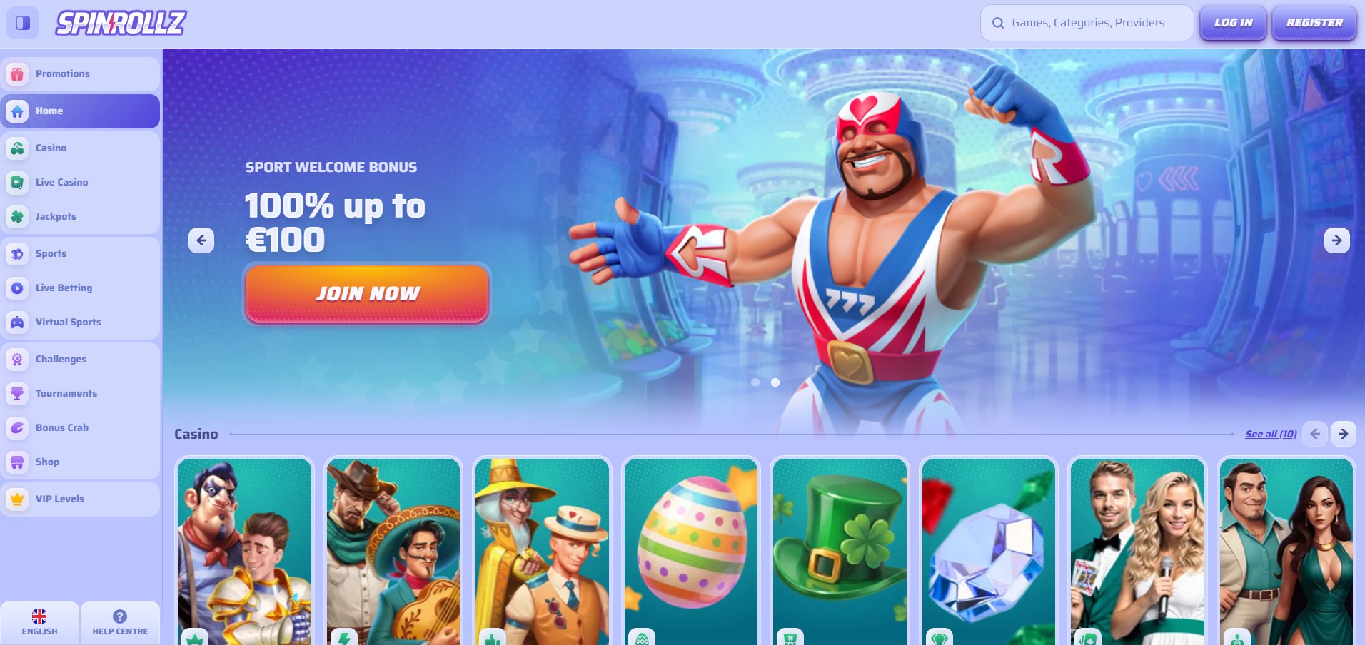Spinrollz Casino screenshot: Homepage