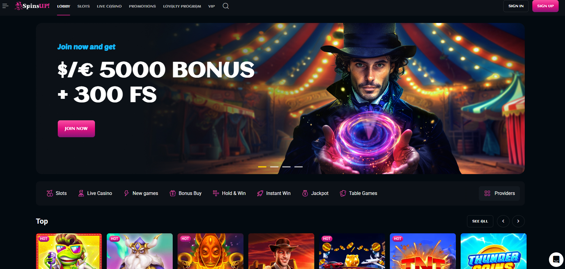 SpinsUp Casino screenshot: Homepage