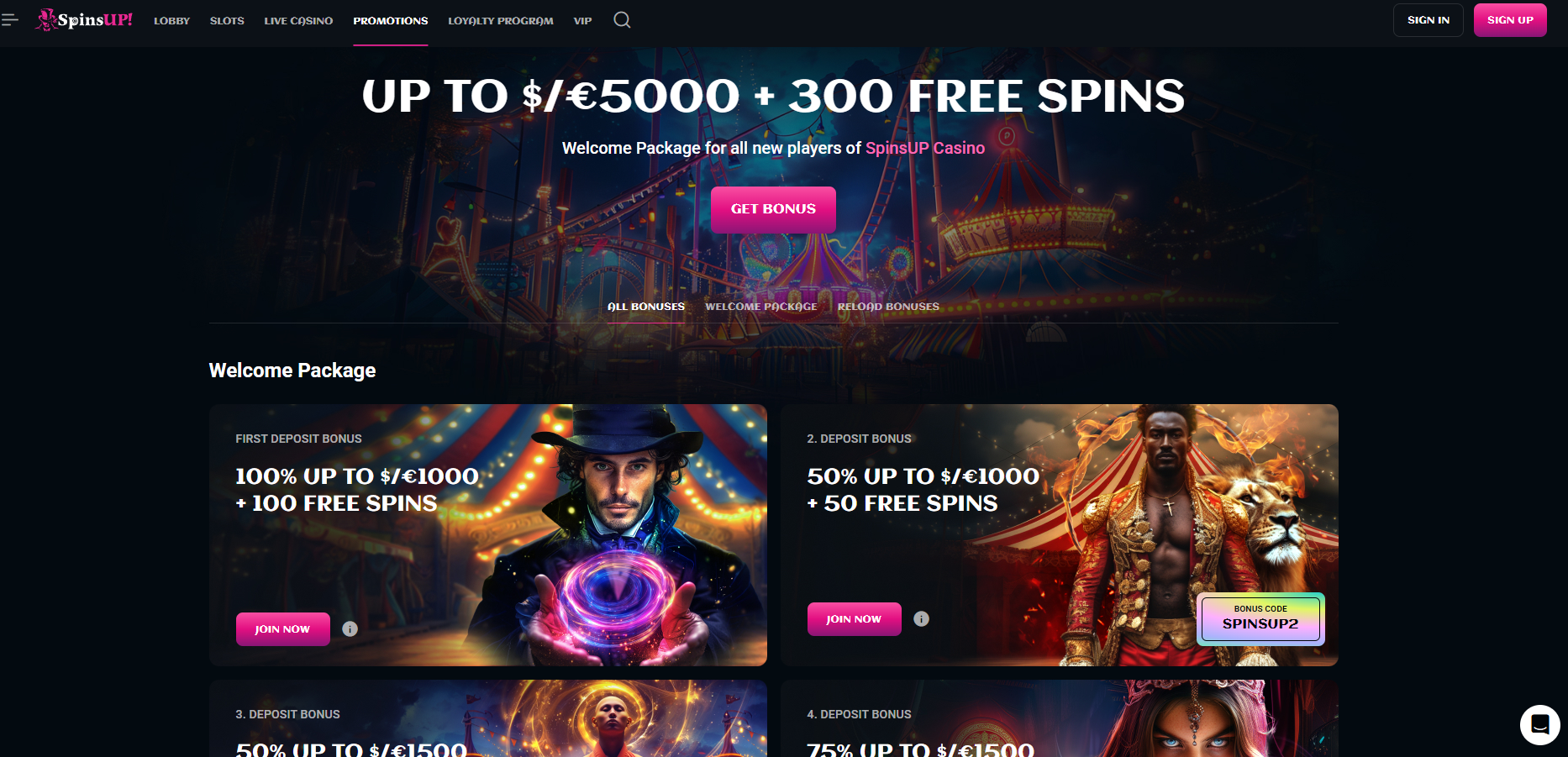 SpinsUp Casino screenshot: Promotions
