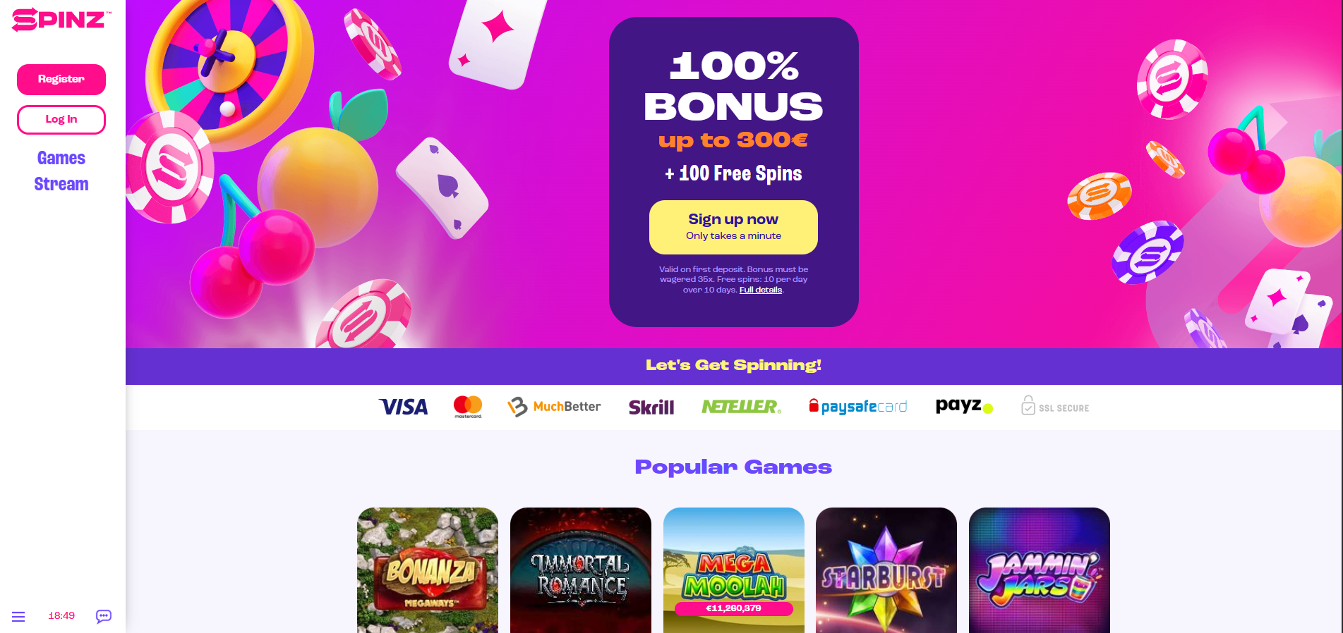 Spinz Casino screenshot: Homepage