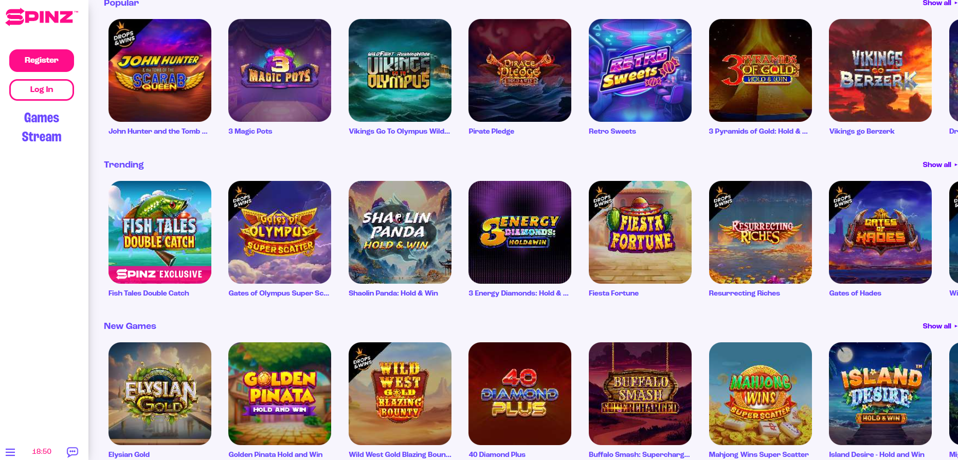 Spinz Casino screenshot: Slots