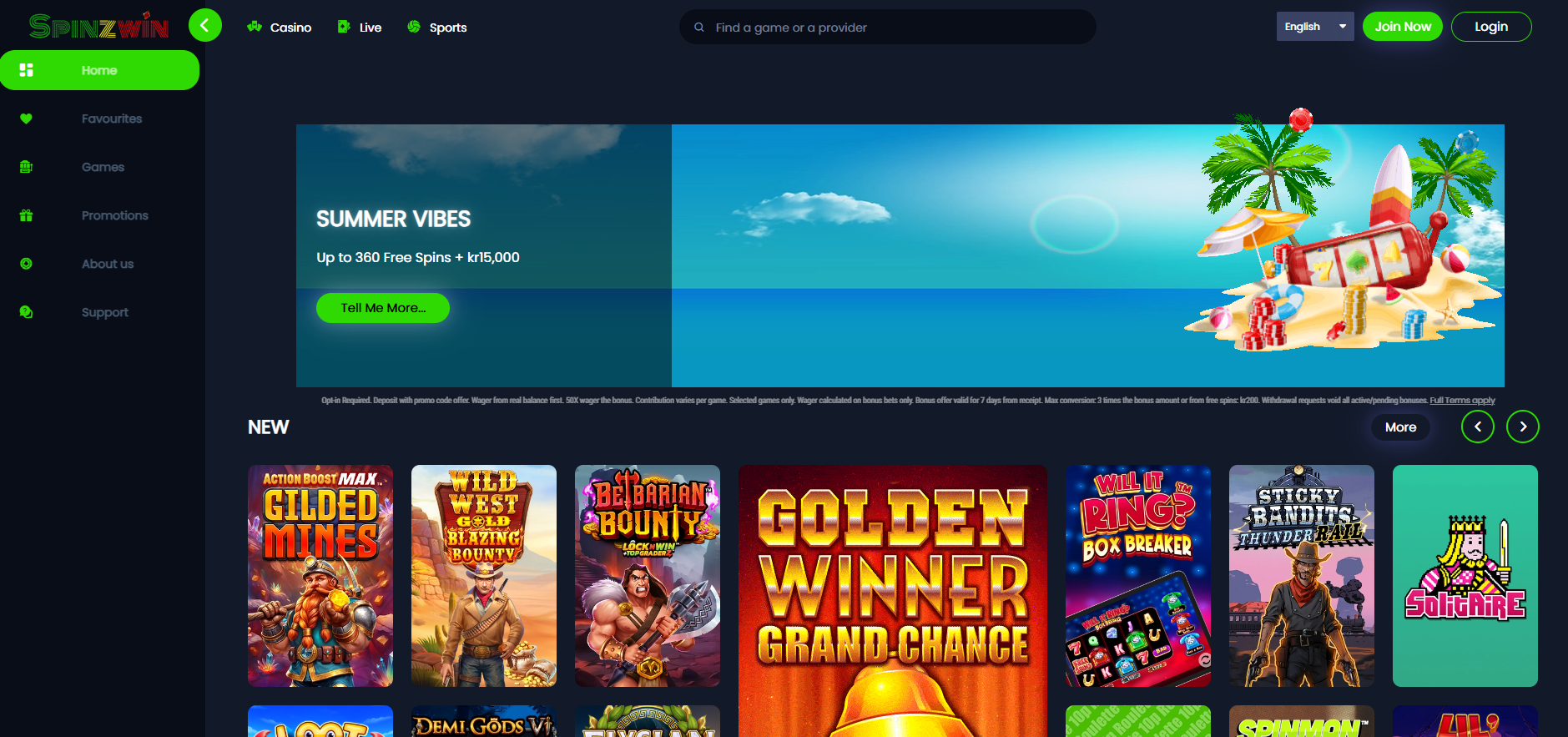 Spinzwin Casino screenshot: Homepage