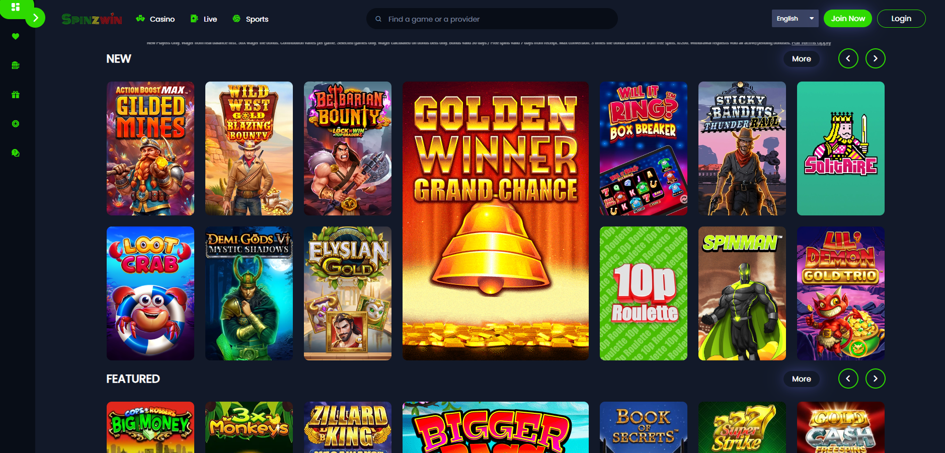 Spinzwin Casino screenshot: Slots