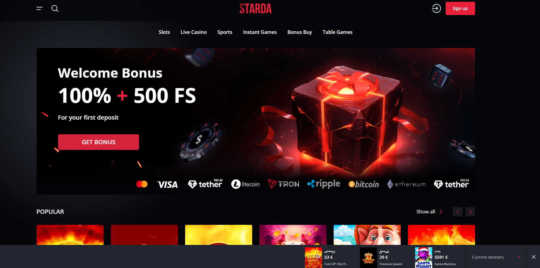 Starda Casino screenshot: Homepage