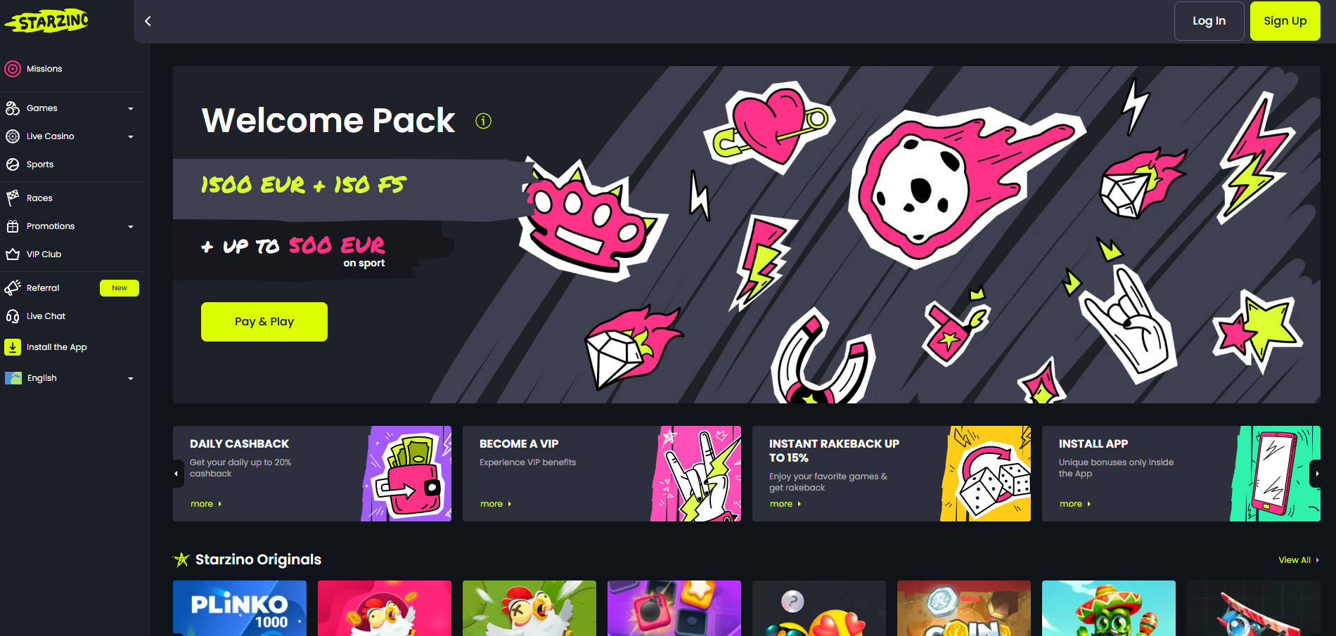 Starzino Casino screenshot: Homepage