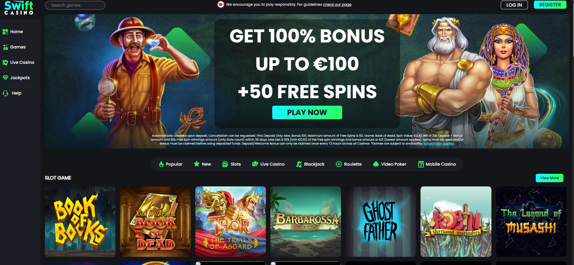 Swift Casino screenshot: Homepage