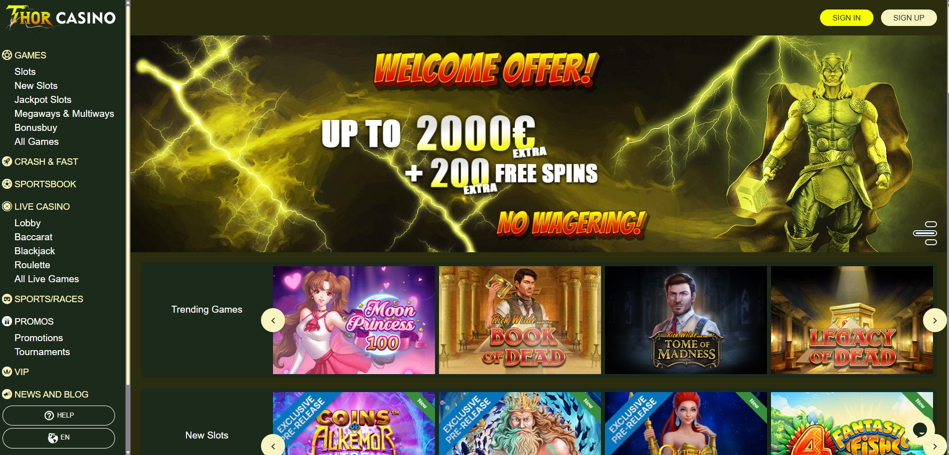 Thor Casino screenshot: Homepage