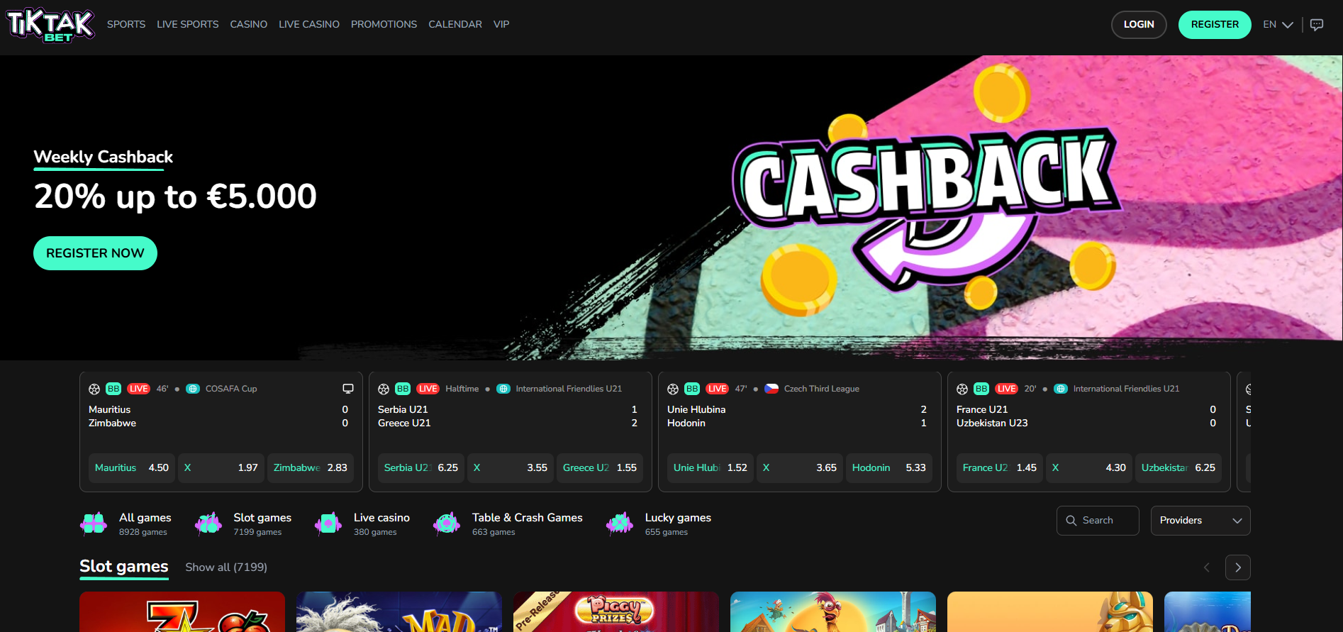 TikTak Bet screenshot: Homepage