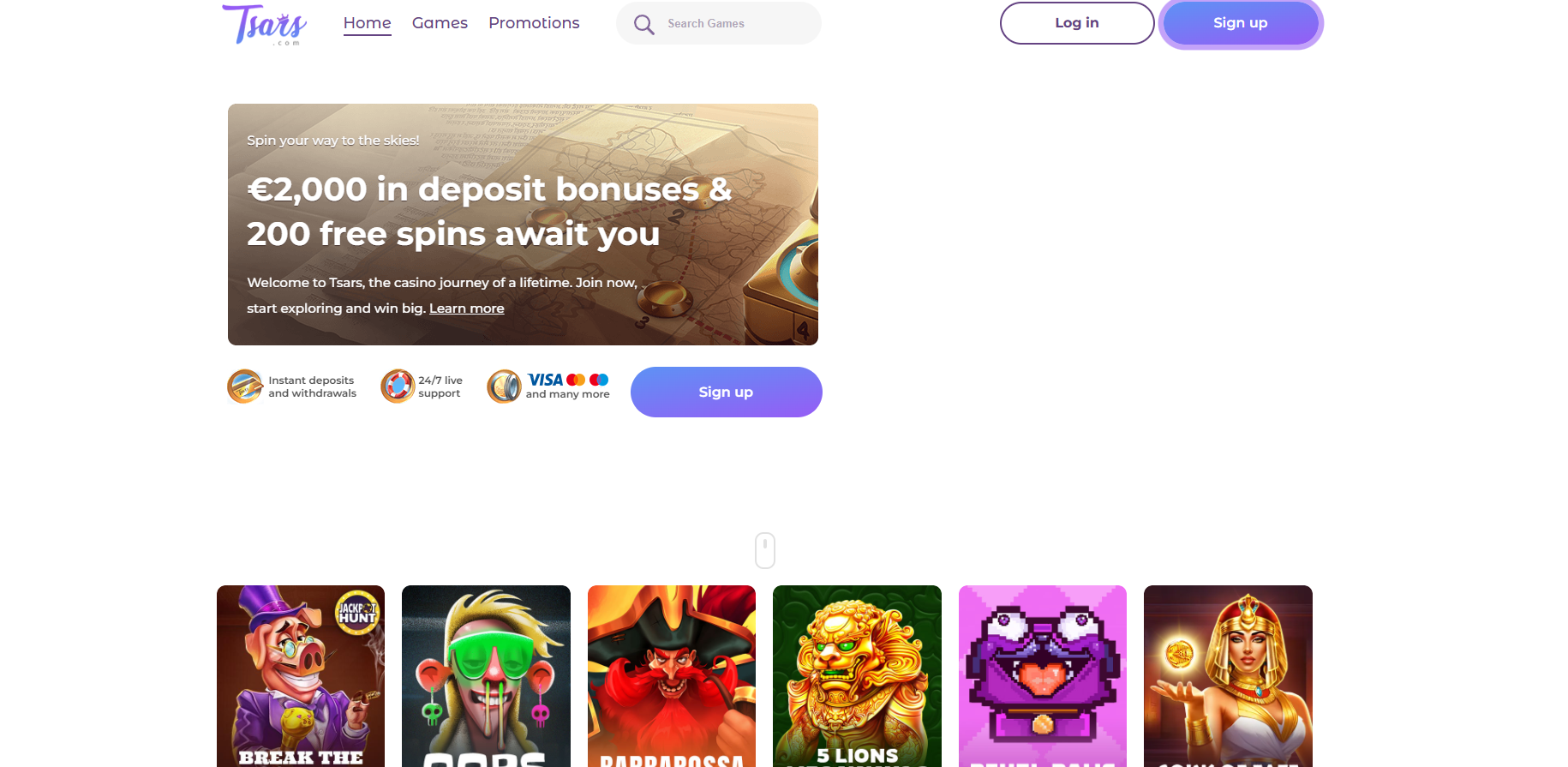 Tsars Casino screenshot: Homepage