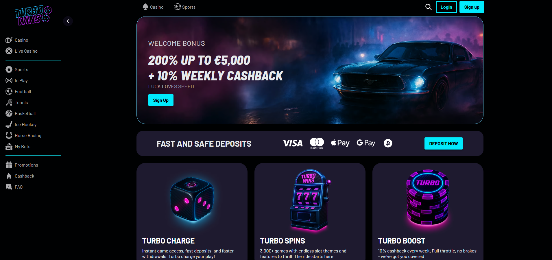 Turbo Wins Casino screenshot: Homepage