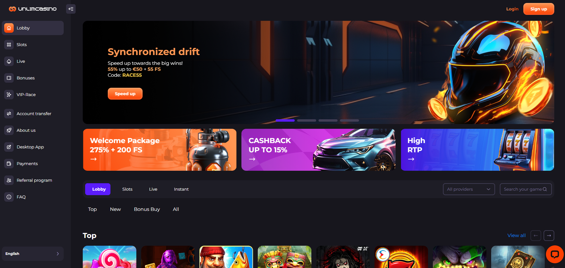 Unlim Casino screenshot: Homepage