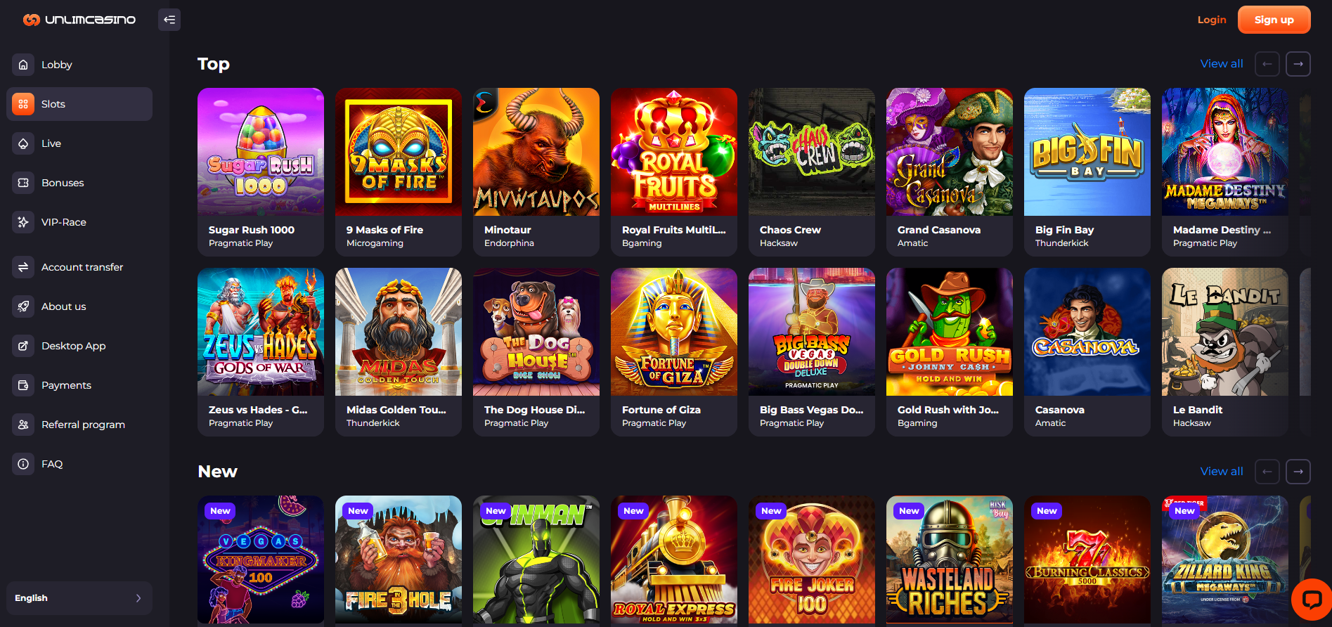 Unlim Casino screenshot: Slots