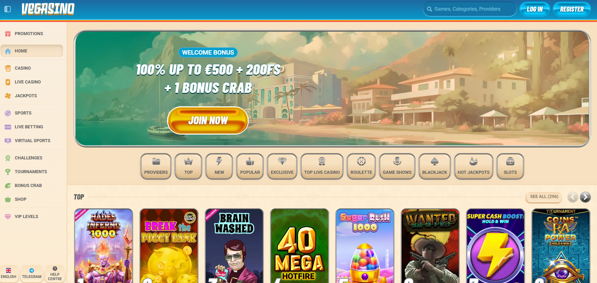 Vegasino screenshot: Homepage