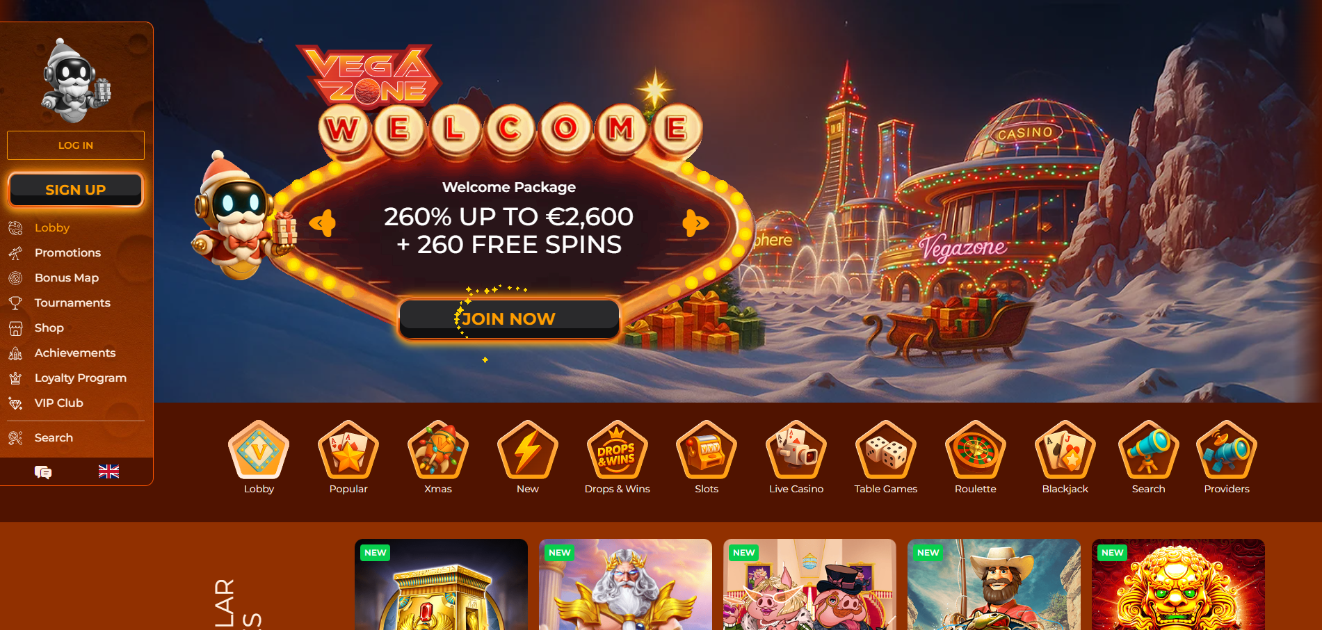 VegaZone Casino screenshot: Homepage
