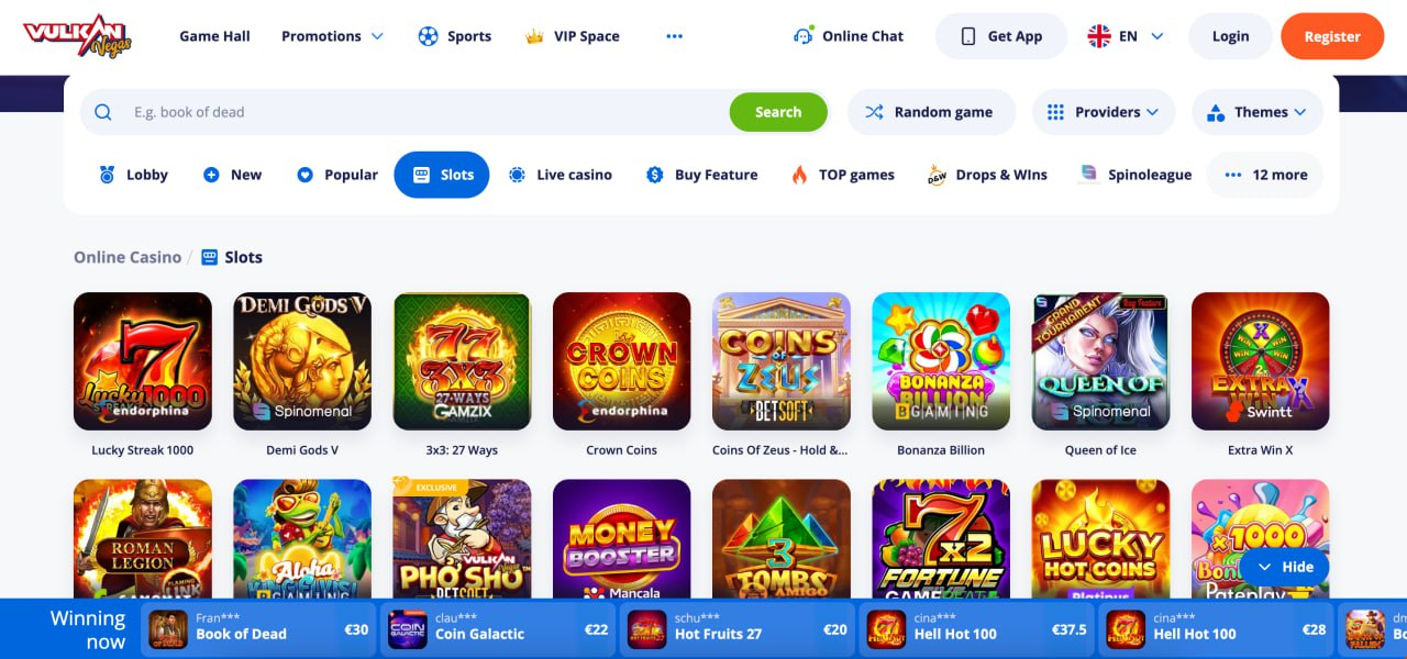 Vulkan Vegas Casino screenshot: Homepage