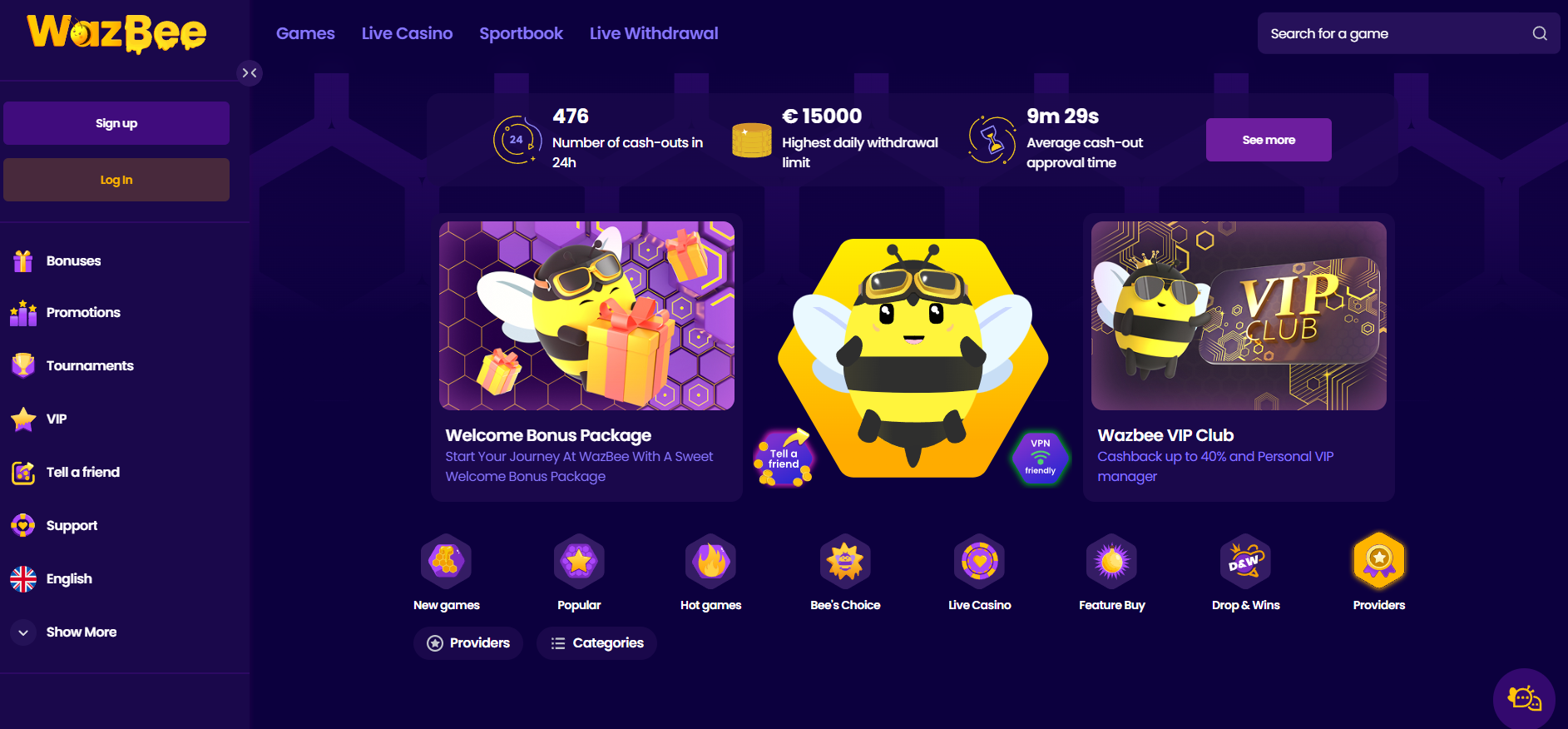Wazbee Casino screenshot: Homepage