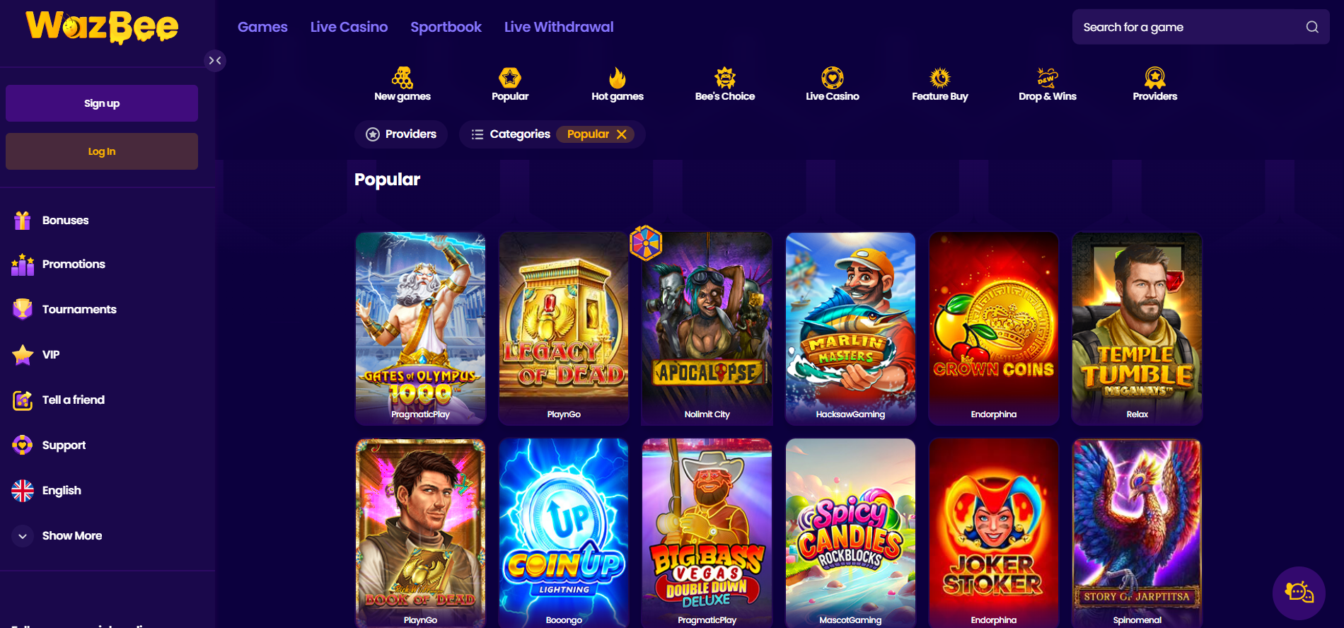 Wazbee Casino screenshot: Slots