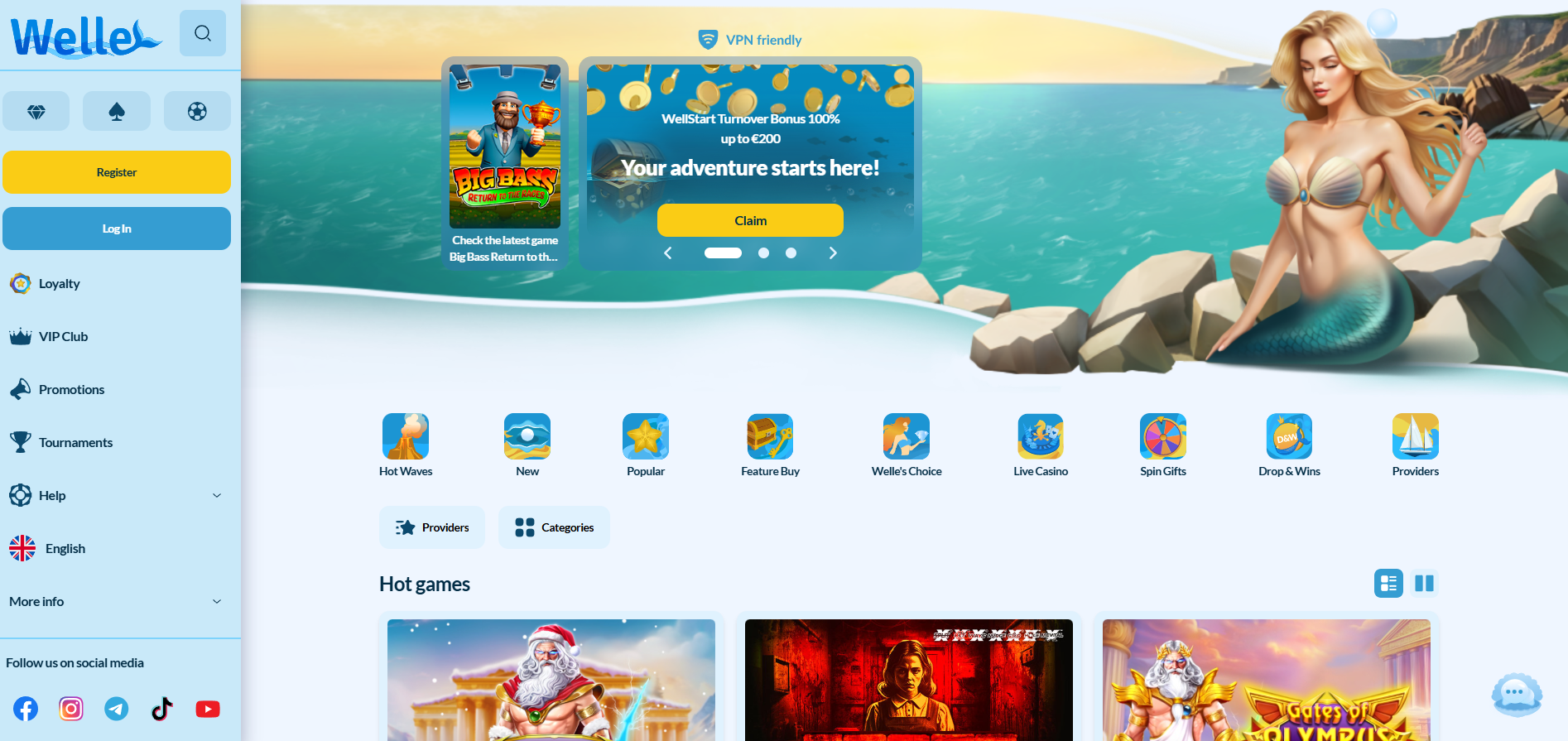 Welle Casino screenshot: Homepage